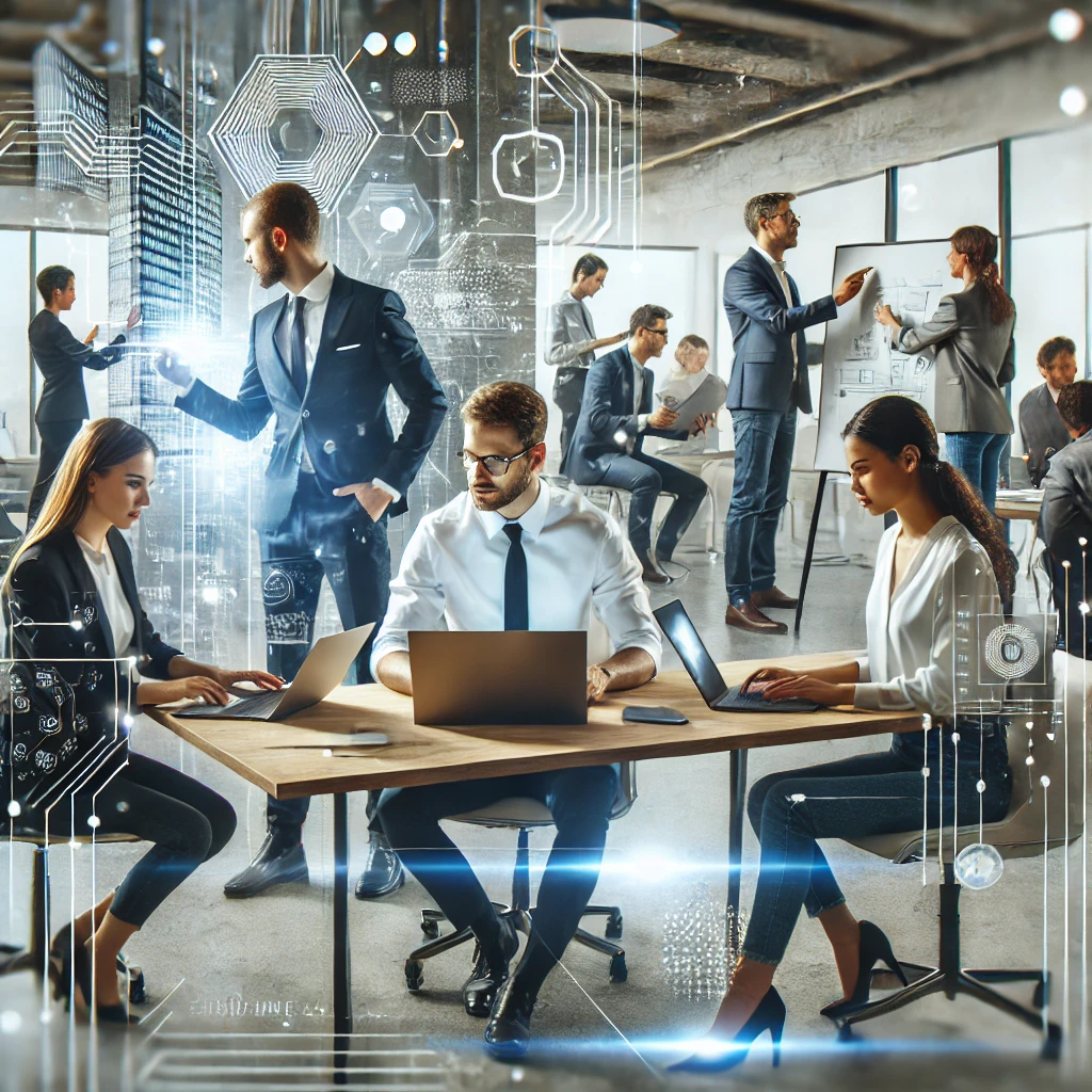 dall·e 2024 12 23 00.21.43 a professional and dynamic team of diverse individuals in a modern office setting working collaboratively with laptops whiteboards and digital tool